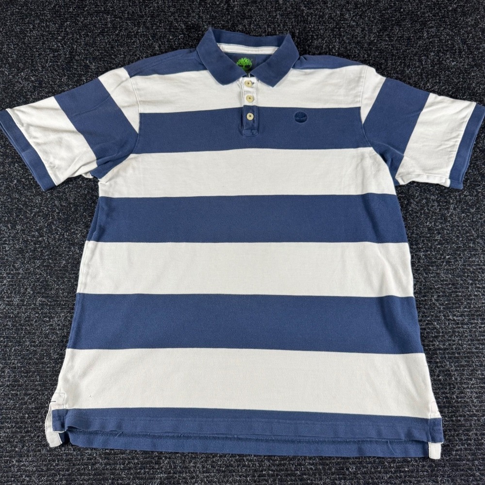 Timberland Mens XL Blue White Striped Short Sleeve Cotton Blend Polo Shirt